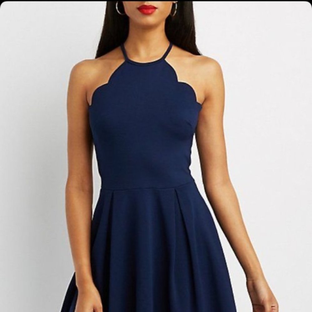 Charlotte Russe Navy Blue Scalloped Dress; Size S